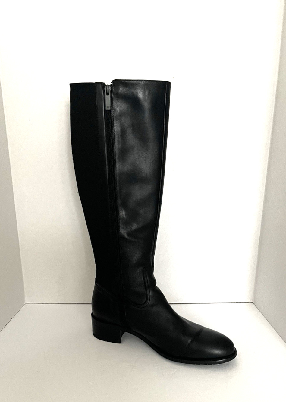 AQUATALIA BLACK LEATHER CALF/ELASTIC RIDING BOOTS, SZ 8.5 ITALY EC, SIDE ZIPPER